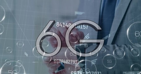 Animation of 6g and 5g texts with numbers over caucasian businessman checking smartwatch - Powered by Adobe