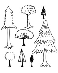 doodle park forest conifer abstract silhouettes outlined trees in black color collection set