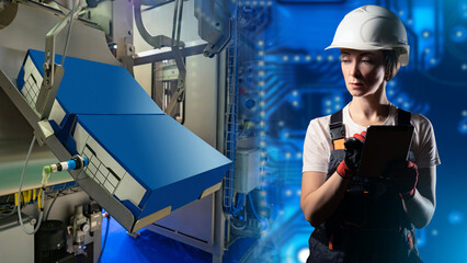 Conveyor automatic production line with cardboard boxes. Factory conveyor for the packaging. A woman controls production. Marking of shoe boxes at the factory. Production process