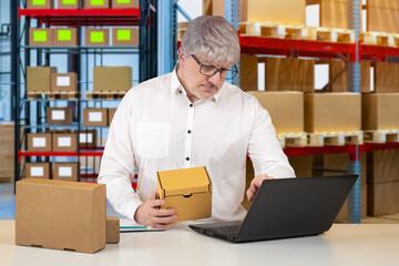 The manager works on a laptop in the warehouse. A man with boxes on the background of warehouse shelves. The business of storing goods. Sending, delivery of parcels. The person packs the orders.