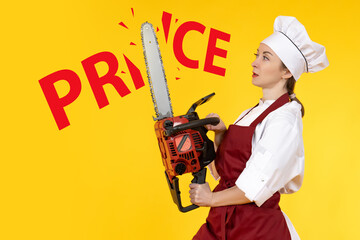 Woman saws prices. Price reduction. Promotions and sales. Expense reduction and cost reduction...