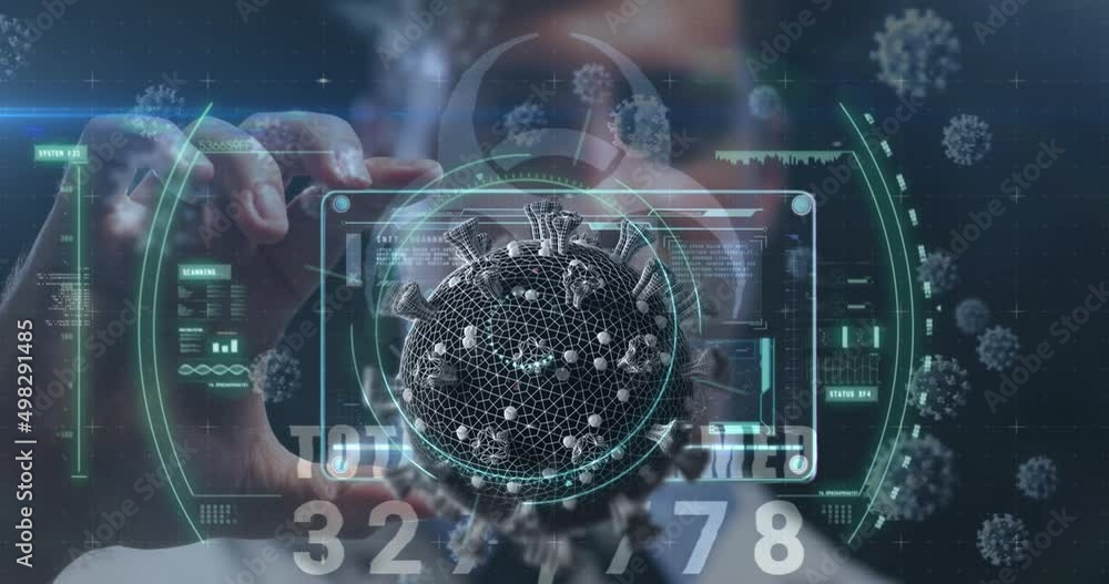 Poster animation of covid 19 cells floating and data processing over man in face mask in background