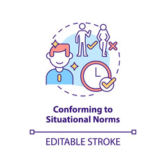 Conforming to situational norms concept icon. Impression management technique abstract idea thin line illustration. Isolated outline drawing. Editable stroke. Arial, Myriad Pro-Bold fonts used
