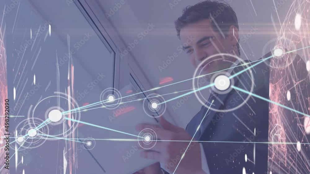 Poster animation of financial data processing over caucasian businessman using smartphone