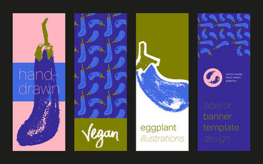 Cooking banner with hand drawing illustrations for restaurant. Cooking courses banner. Eggplants pattern seamless. Vector label template for farmers market. Vegetarian background. Aubergine decor.