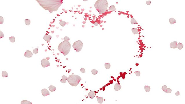Animation of rose petals over heart on white background