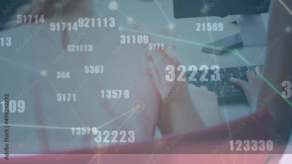 Poster animation of network of connections with numbers over two businesswomen using computer