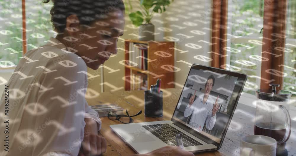 Poster animation of binary coding over caucasian woman having video call on laptop