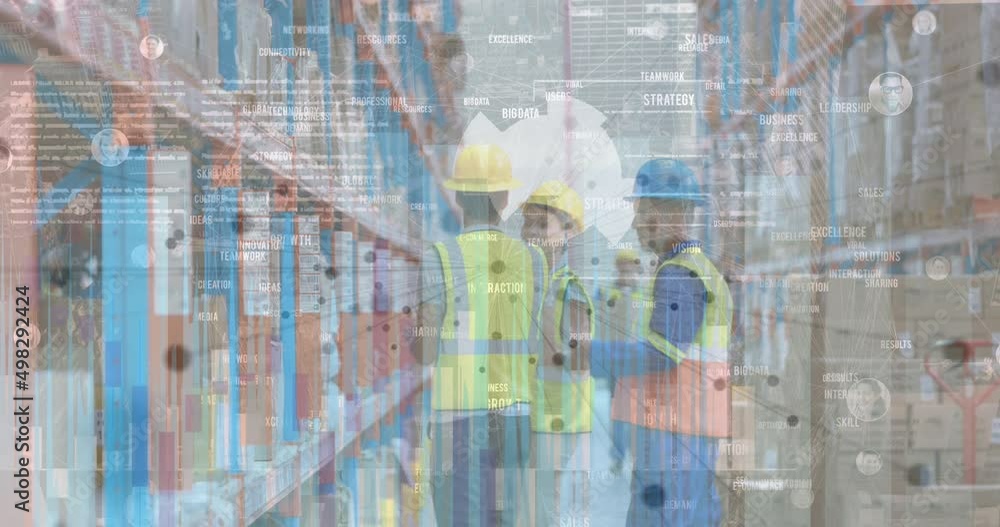 Poster animation of financial data processing over group of caucasian workers in warehouse