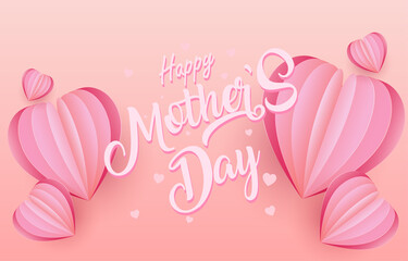 Mother's Day greeting card banner vector with 3d flying hearts pink papercut.symbol of love and handwritten letters on pink background.