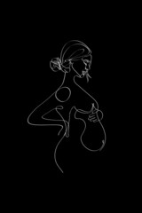 Pregnant mom line art, Pregnancy one line drawing, printable wall art, Nude woman body print, Belly female figure, Minimalist print, White outline vector illustration on black background