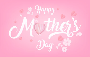 Mother's Day greeting card banner vector with 3d flying hearts pink papercut.symbol of love and handwritten letters on pink background.