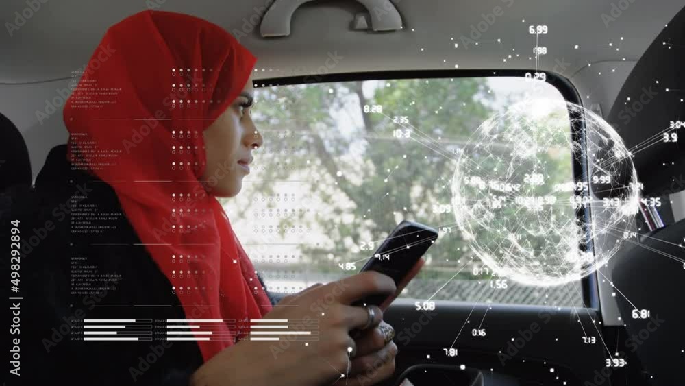 Poster animation of financial data processing and globe over biracial woman in car using smartphone