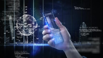 Animation of financial data processing over caucasian woman using smartphone - Powered by Adobe