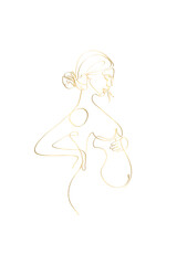 Pregnant mom gold line art, Pregnancy one line drawing, printable wall art, Nude woman body print, Belly female figure, Minimalist print, Gold outline vector illustration on white background