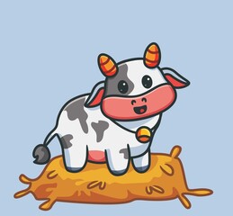 Obraz na płótnie Canvas cute cow stand on straw. isolated cartoon animal nature illustration. Flat Style suitable for Sticker Icon Design Premium Logo vector. Mascot Character