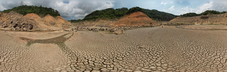360 panorama view of  reservoir, the drought season in Hong Kong, Lower Shing Mun Reservoir  - 498294278