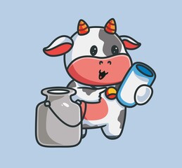 cute cow drink fresh milk. isolated cartoon animal nature illustration. Flat Style suitable for Sticker Icon Design Premium Logo vector. Mascot Character