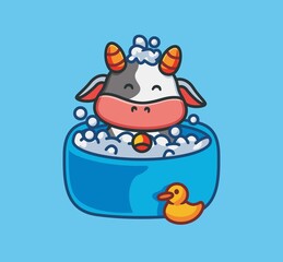 cute cow bathing on tub. isolated cartoon animal nature illustration. Flat Style suitable for Sticker Icon Design Premium Logo vector. Mascot Character