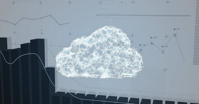 Animation of cloud and financial data processing over white background