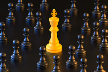 Glowing Chess King and Black Pawns, Signifying Leadership. 3D Rendering.