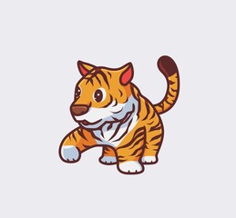 cute tiger walking first step. isolated cartoon animal nature illustration. Flat Style suitable for Sticker Icon Design Premium Logo vector. Mascot Character