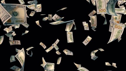 100 US Dollar Bills Falling up with Alpha Channel