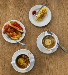 breakfast omelette and soup in the morning, at a hotel in Malang, East Java