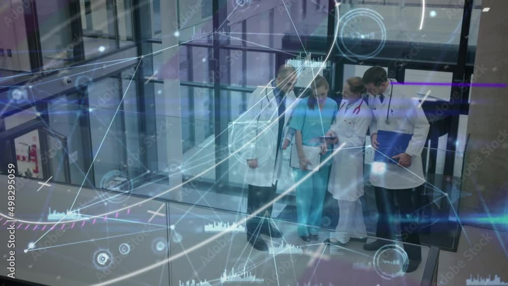 Aufkleber animation of network of connections and data processing over diverse doctors