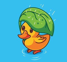 cute baby duck take a leaf as umbrella, isolated cartoon animal nature illustration. Flat Style Sticker Icon Design Premium Logo vector. Mascot Character