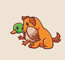 cute dog catch a green duck. isolated cartoon animal nature illustration. Flat Style Sticker Icon Design Premium Logo vector. Mascot Character