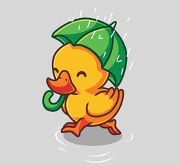 cute duck bring umbrella rainy day. isolated cartoon animal nature illustration. Flat Style Sticker Icon Design Premium Logo vector. Mascot Character
