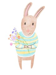 digital paint cute rabbit illustration with watercolor texture. rabbit with wild flower bouquet.
