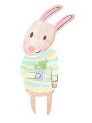 digital paint cute rabbit illustration with watercolor texture. Rabbit with cactus pot plant
