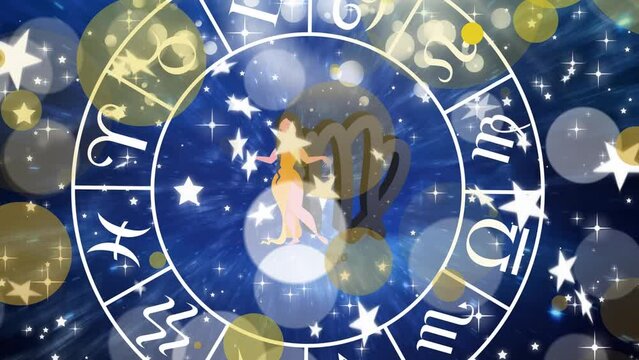 Animation of virgo star sign and horoscope zodiac sign wheel on blue background