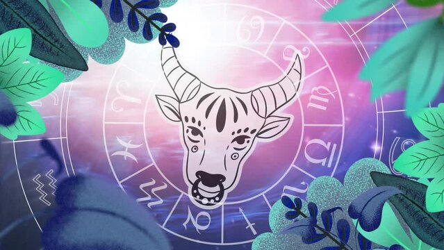 Animation of taurus star sign and horoscope zodiac sign wheel on purple background