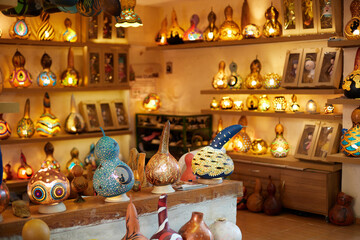 Shop of traditional Turkish decorative handmade dried pumpkin lamps