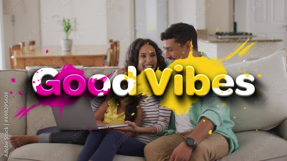 Poster animation of good vibes text over smiling caucasian couple using laptop