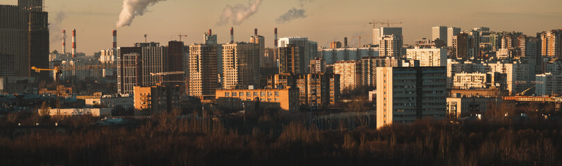 City skyline with smoking plant chimneys, cityscape panorama