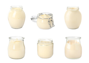 Set with tasty mayonnaise on white background