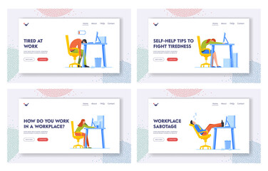 Exhausted Workers Overload Landing Page Template Set. Stress, Tiredness, Professional Burnout Syndrome Stressed Managers