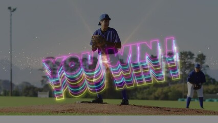 Animation of you win text over biracial baseball players playing - Powered by Adobe