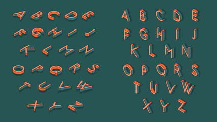 Isometric alphabet vector font. 3D effect capital letters. Geometric letters with shadow. Stock vector typeface. Salmon and Green. © Wildfire Graphics