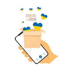 The concept of transferring donations using gadgets in Ukraine. Help for refugees, humanitarian aid. Cartoon style. Vector illustration. Isolated.
