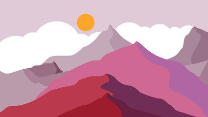 Mountain silhouettes with sun.  Peaks in sunset. Mountain landscape . Summit and sunset logo .Vector