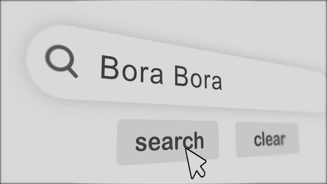 bora bora typing on Search Bar with click Animation.vintage monitor screen. Searching the word on internet search browser.