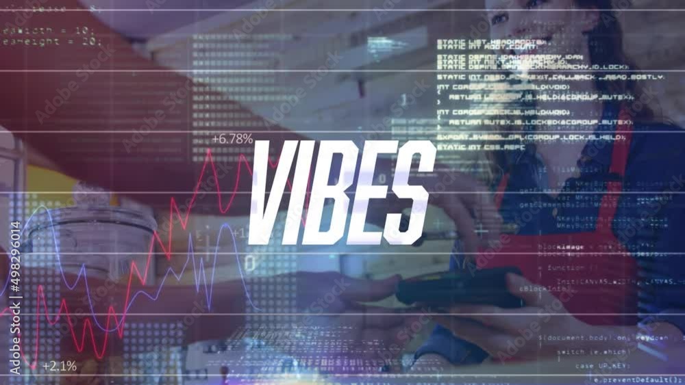 Poster animation of vibes text over data processing and african american man paying with smartphone