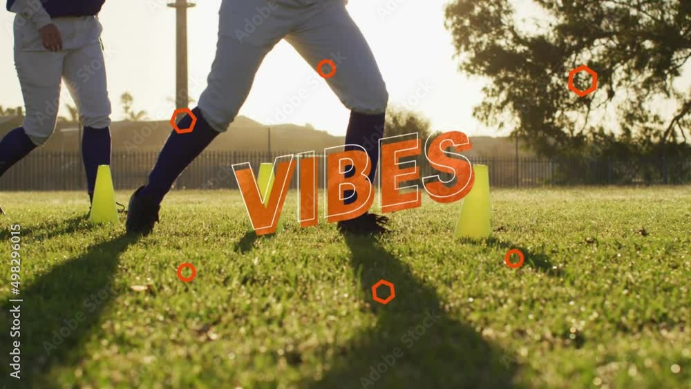 Poster animation of vibes text over caucasian soccer players exercising