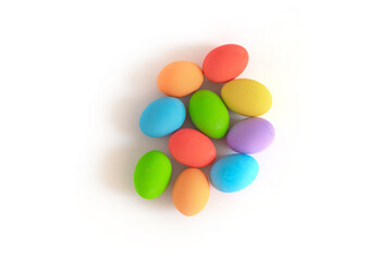 Colorful easter eggs on white background. Food decoration on holiday.