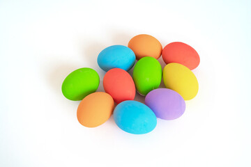 Fototapeta na wymiar Colorful easter eggs on white background. Food decoration on holiday.